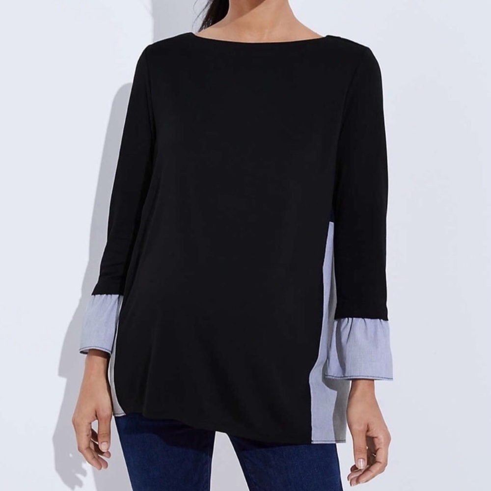LOFT Mixed Media Bell Sleeve Knit Top (black) - XS